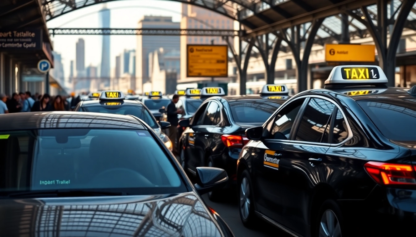 Catch conveniently waiting cabs at a busy train station for smooth urban transportation.