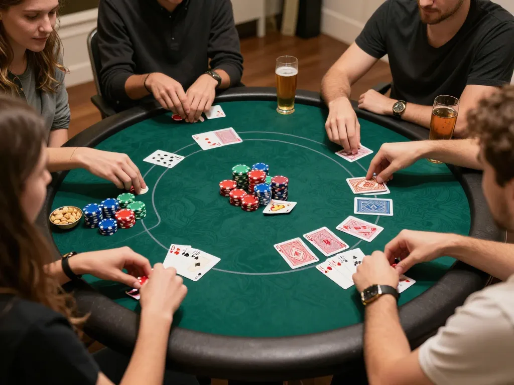 Friends enjoying a friendly poker game at home with cloud-africa themed decor and vibrant chips