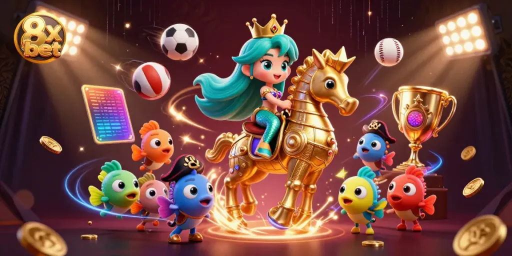 Engage in thrilling wins with 8x bet as the mermaid princess and seahorse celebrate in a vibrant 3D casino scene.