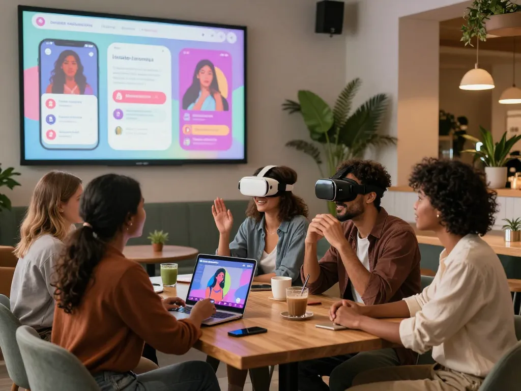 Group of people discussing sex AI in a cozy café setting, showcasing technology.