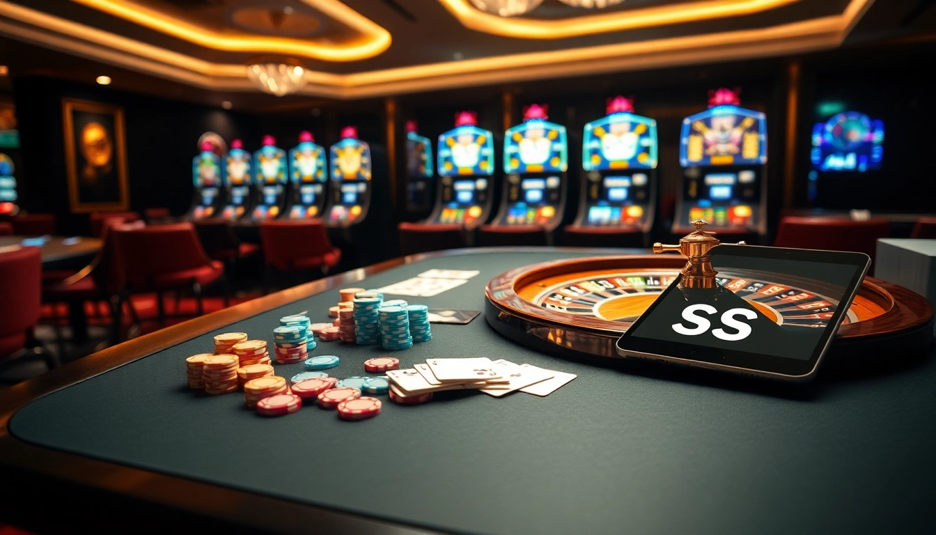 S8 casino experience with vibrant poker chips, roulette wheel, and sleek gaming table.