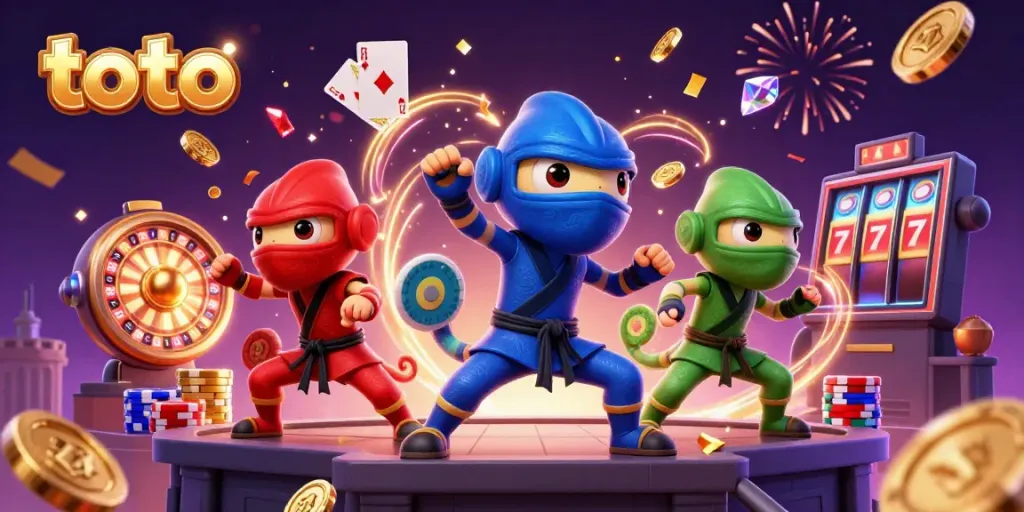 Experience thrilling casino action with the ninja chameleons in a vibrant toto illustration.