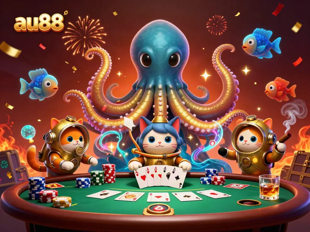 Experience thrilling gaming at au88 with a kraken and diving cat in a vibrant casino scene