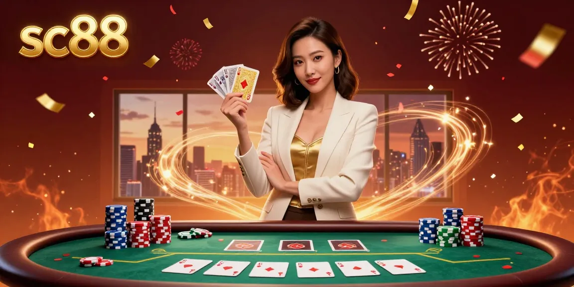 Experience the excitement of sc88 with a powerful Asian woman holding golden cards at a vibrant poker table.