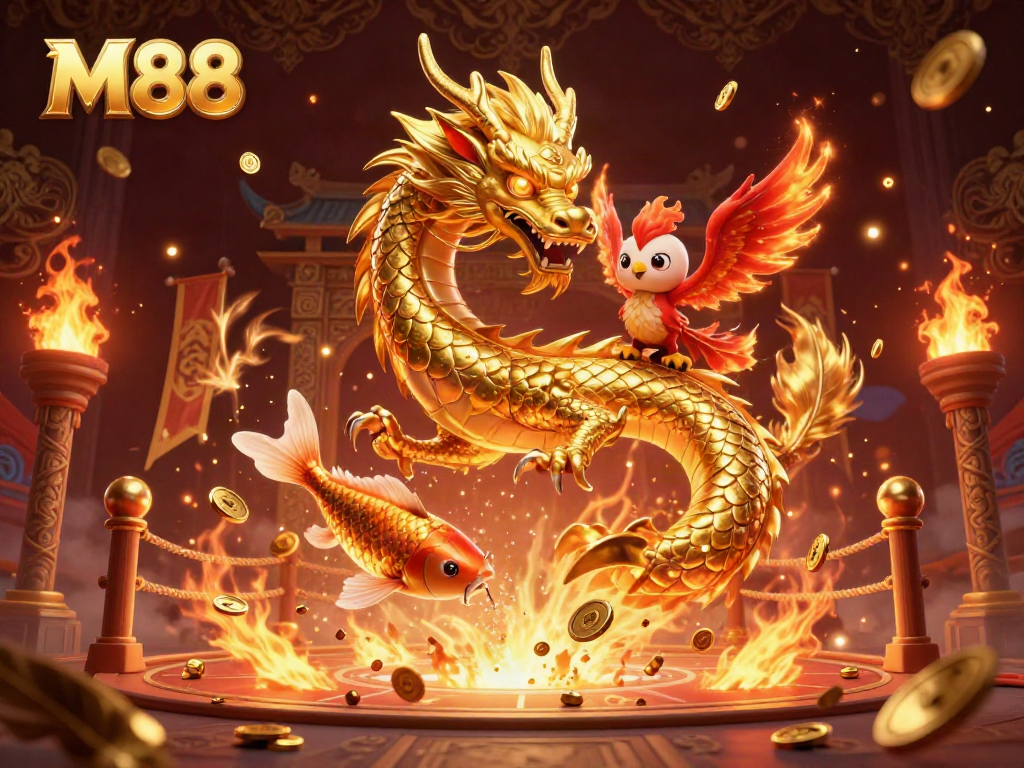 M88 features a fierce golden dragon, phoenix, and koi fish in a dynamic casino scene.