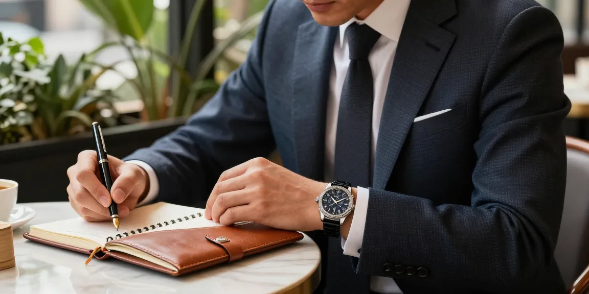 Man showcasing a luxury super clone watch at a café, emphasizing elegance and sophistication.