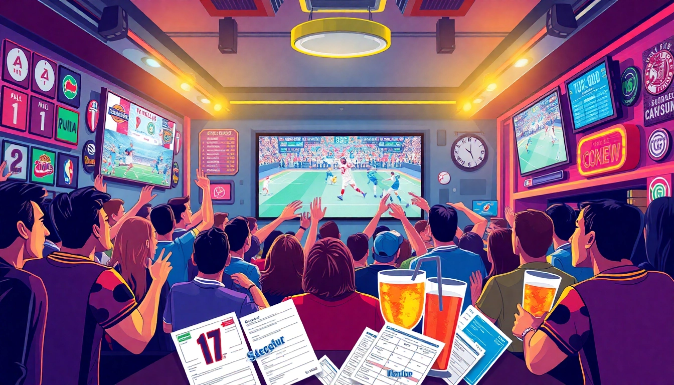 Enthusiastic patrons engaging in sports betting at a lively bar, showcasing the energy of https://ii69vn.com/.