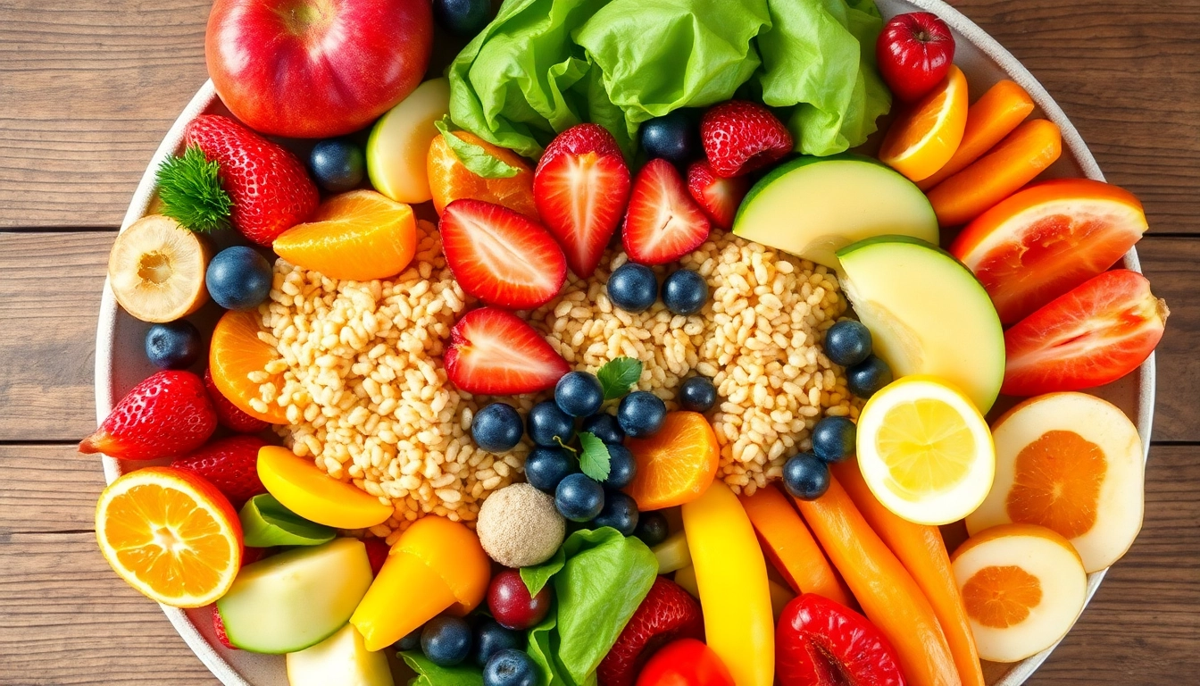 Colorful healthy food platter showcasing fresh fruits, vegetables, and grains.