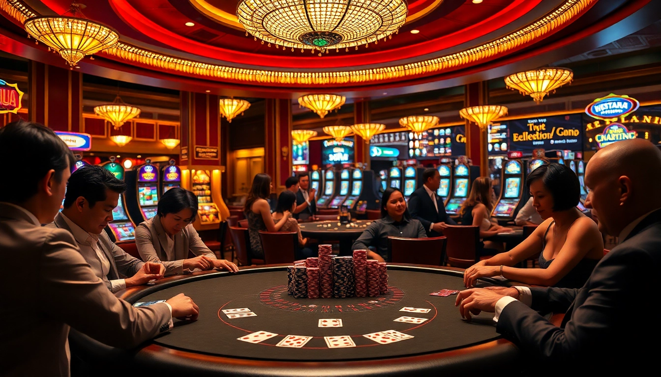 Experience the thrill of game bài đổi thưởng at this luxurious casino poker table with vibrant players and colorful chips.