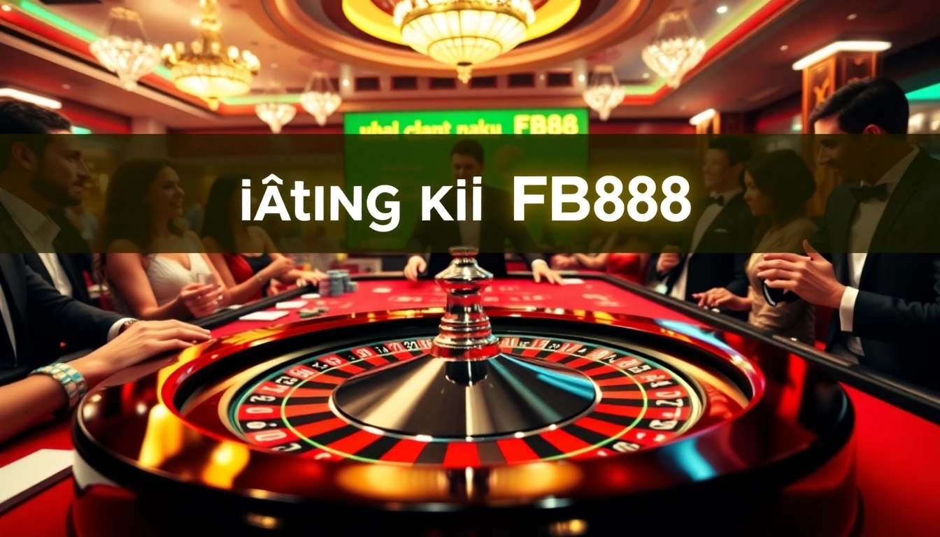 Experience the thrill of gambling with Đăng Ký FB88 in a vibrant casino scene showcasing poker chips and a roulette wheel.
