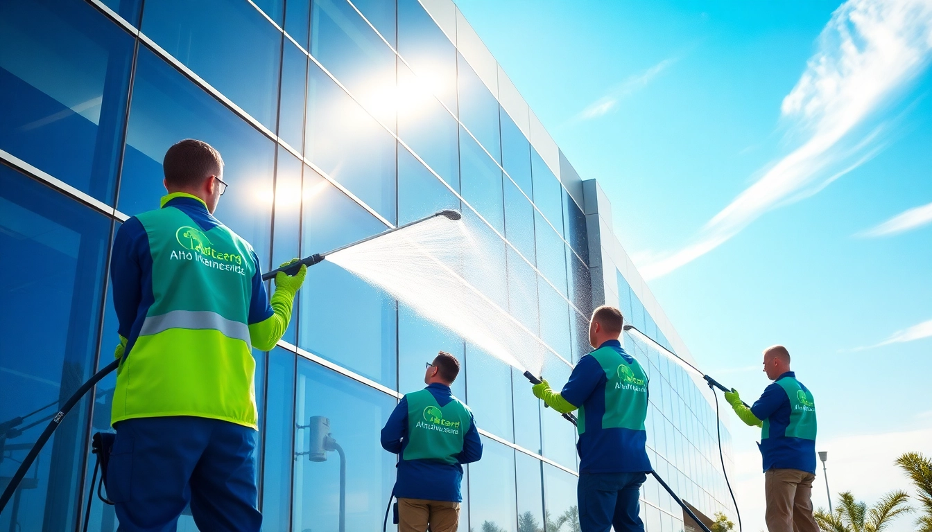 Exterior cleaning team pressure washing a commercial building on a sunny day.