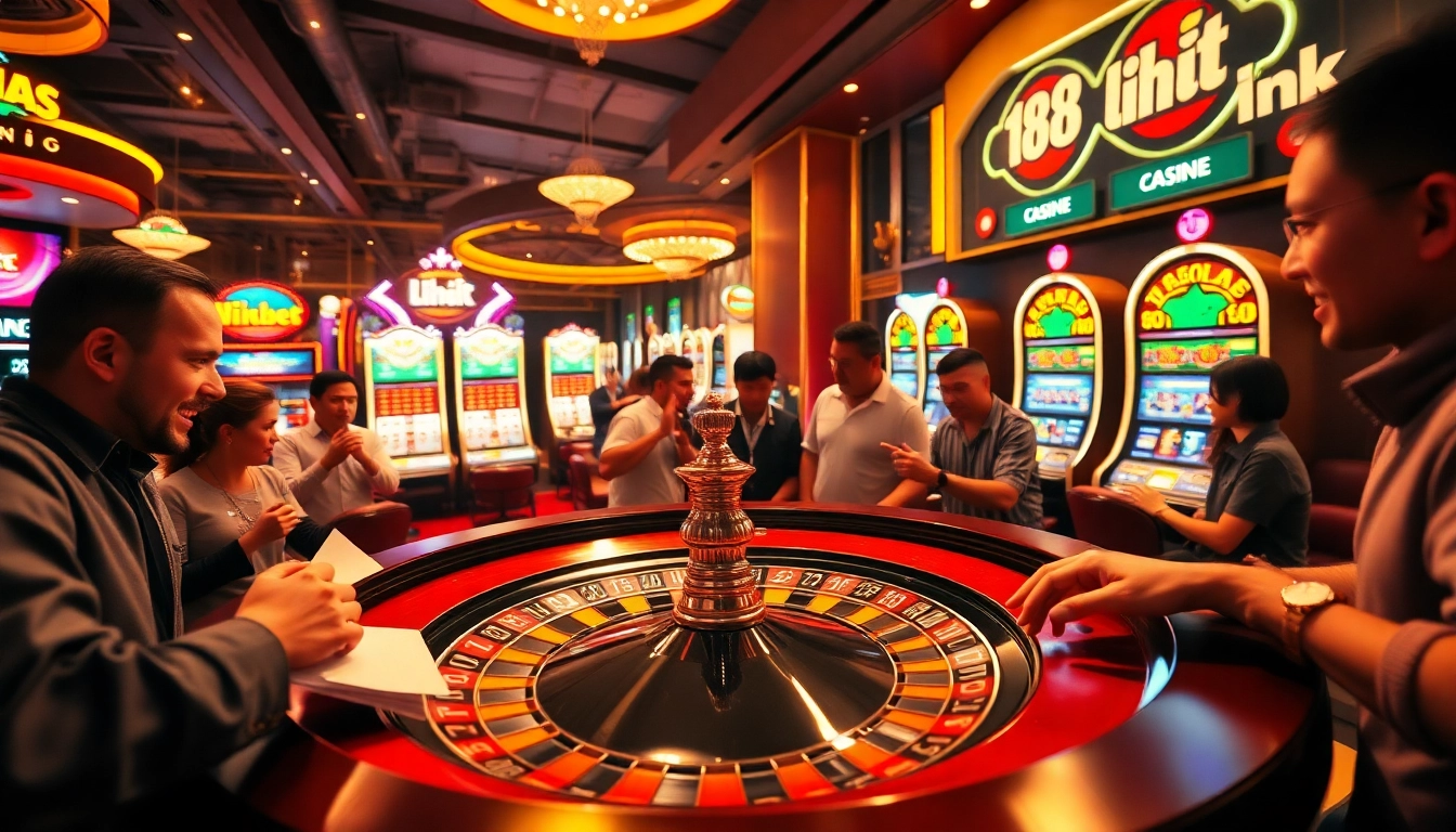 The bustling atmosphere of a casino with players enjoying games, featuring the 188bet link prominently to enhance their betting experience.