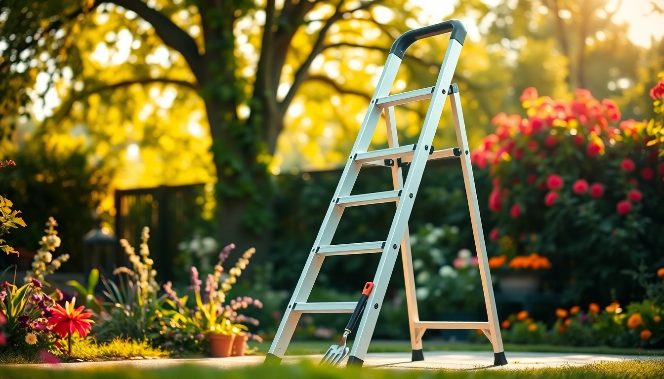 A durable step ladder set against a lush garden, showcasing its stability and design for outdoor use.
