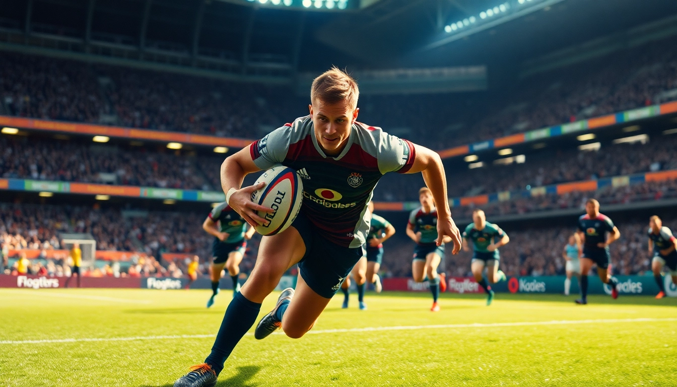 Henry Slade evades defenders in a professional rugby match, showcasing agility and athleticism.
