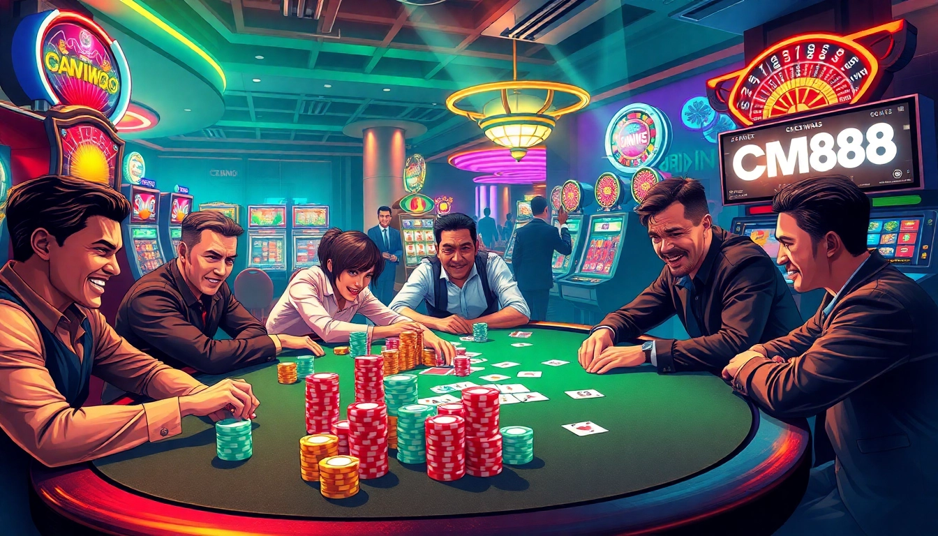 CM88 enhances high-stakes poker excitement in a vibrant casino, showcasing colorful chips and intense gameplay.