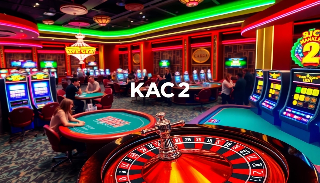 A vibrant casino environment showcasing players at tables with KJC AC 2 casino branding.
