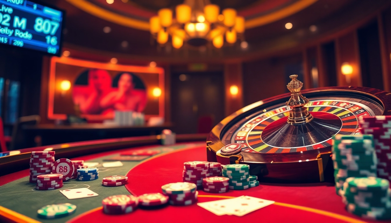 Engage with the MM88 online casino experience showcasing vibrant poker chips and roulette excitement.