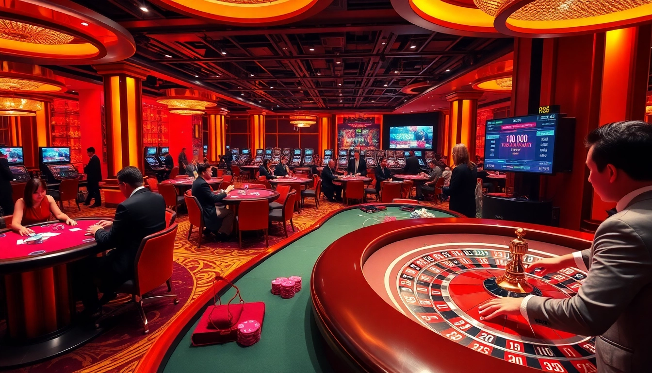 Engaged players betting at rr88 casino tables in a vibrant, luxurious setting.