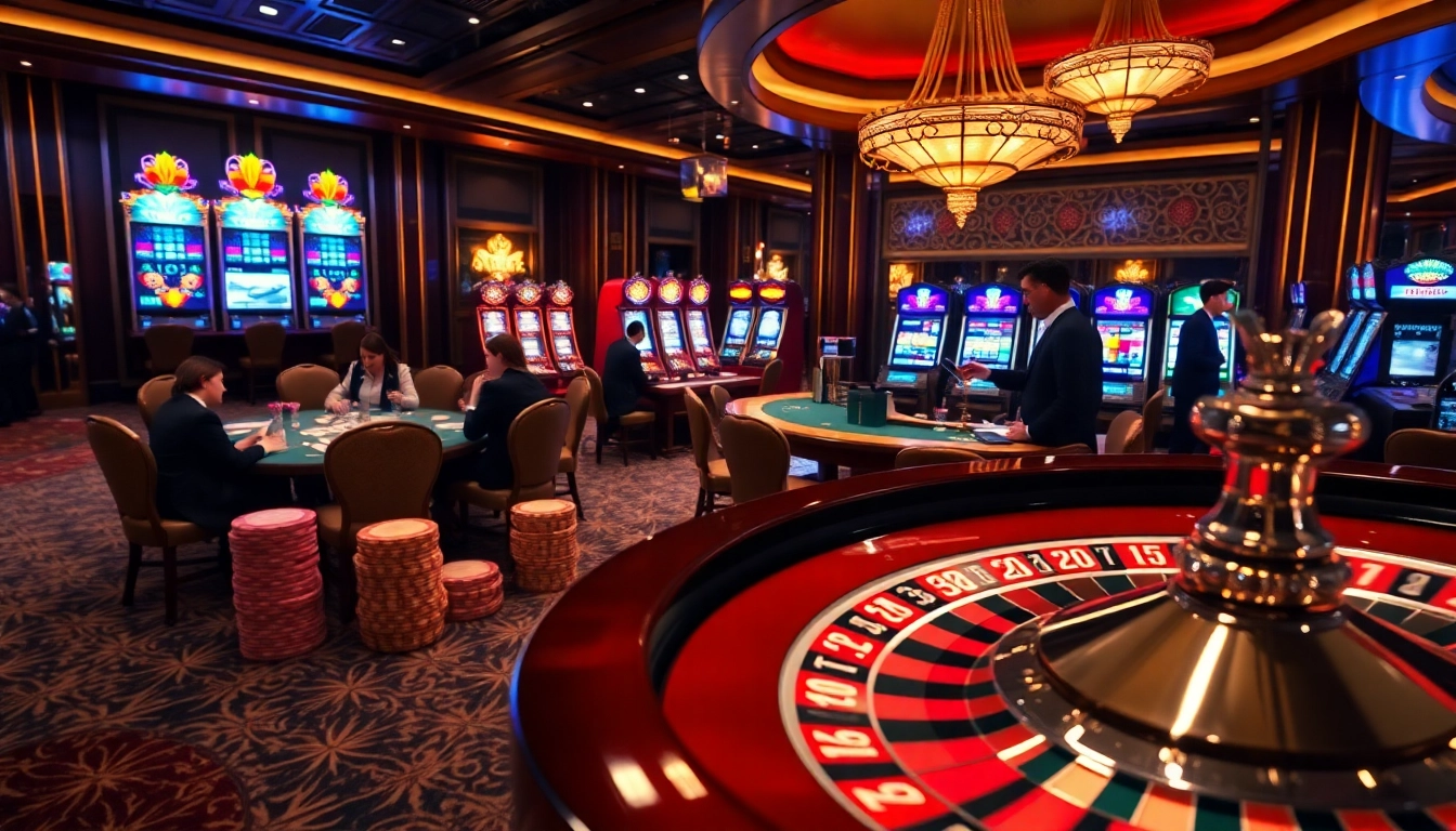 A vibrant casino scene showcasing players engaged in poker at https://sv88sr.com/, filled with excitement and luxury.