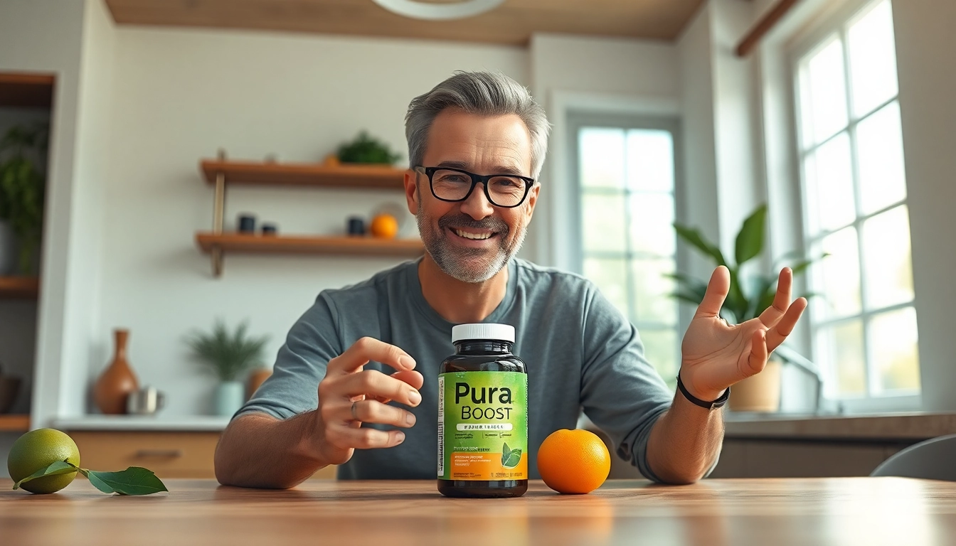Pura Boost natural supplement bottle on a kitchen table, symbolizing male vitality and confidence.