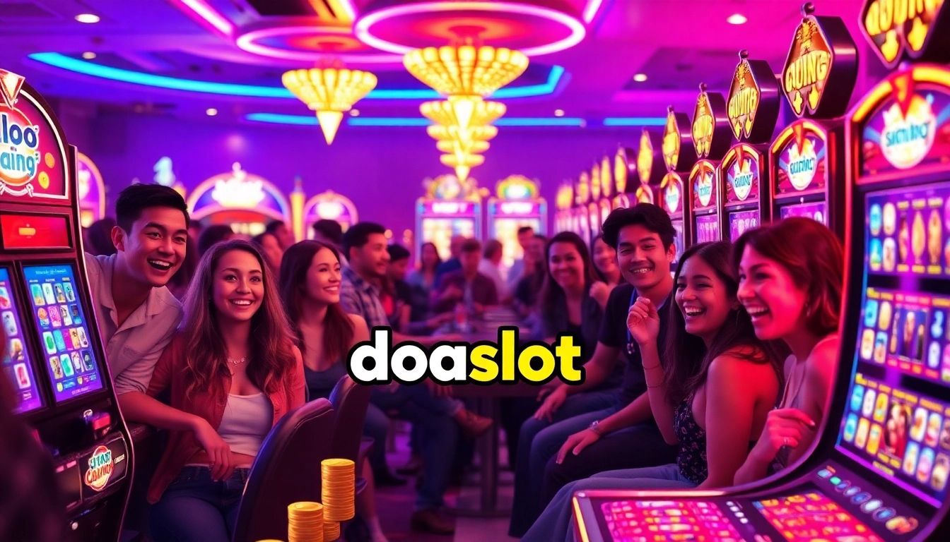 Exciting doaslot scene featuring vibrant slot machines and joyful players in a modern casino environment.