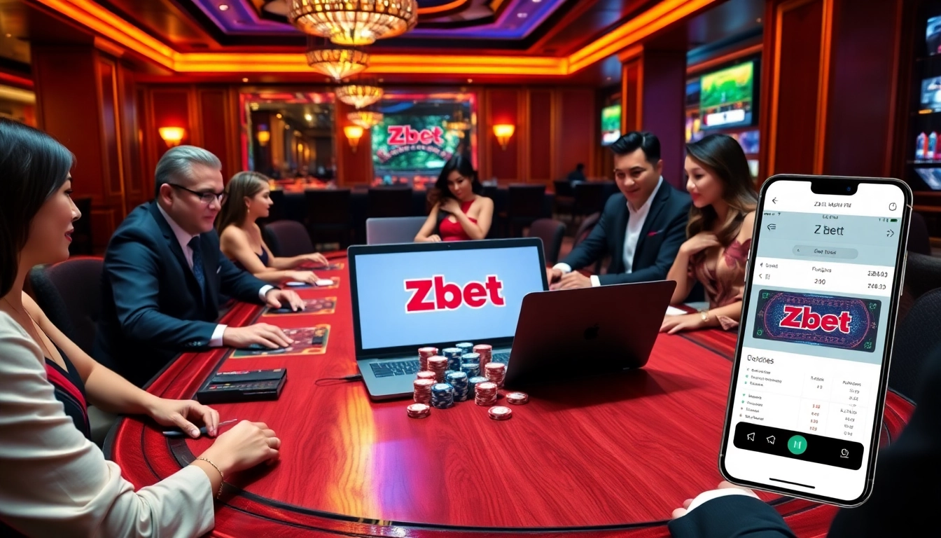 Experience thrilling poker action at Zbet VN with colorful chips and expert dealers in a luxurious casino setting.