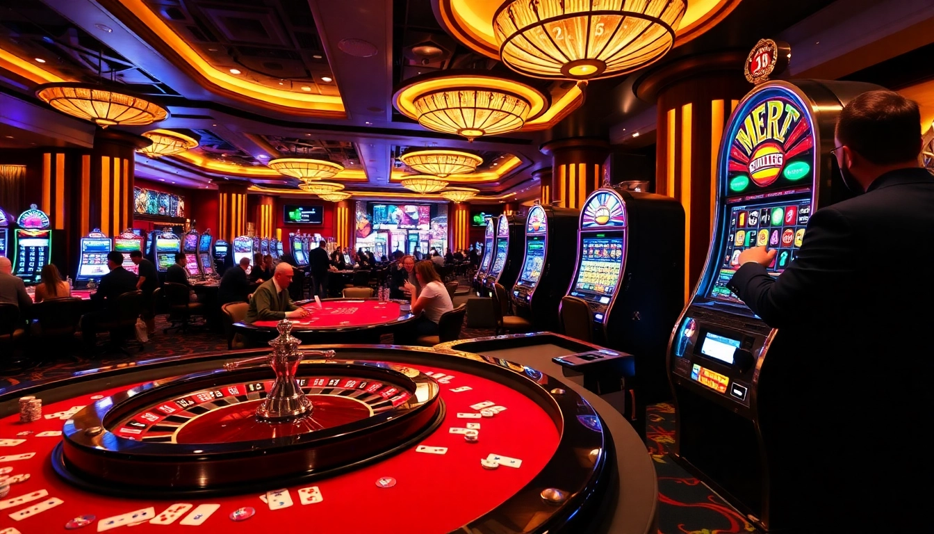 Gambling excitement at the casino scene of https://rr88csn.com/ with players at roulette and slot machines.