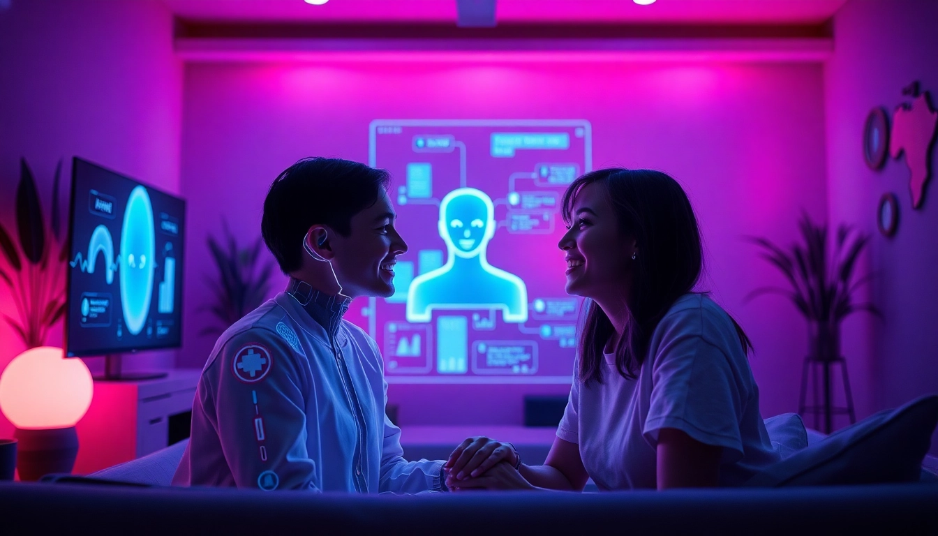 Engaging scene of AI sex chat with holographic character and user interaction.