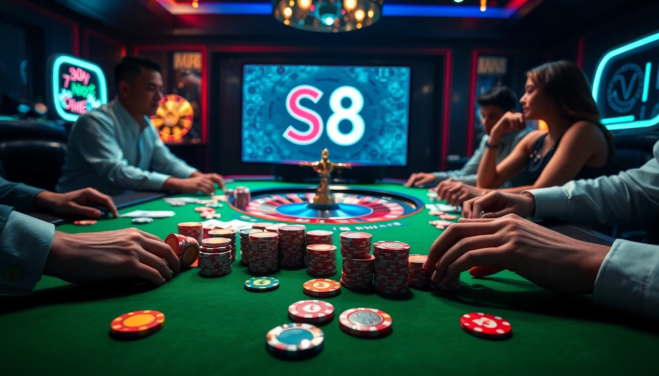 S8 casino scene featuring vibrant poker gameplay with colorful chips and high-stakes excitement.