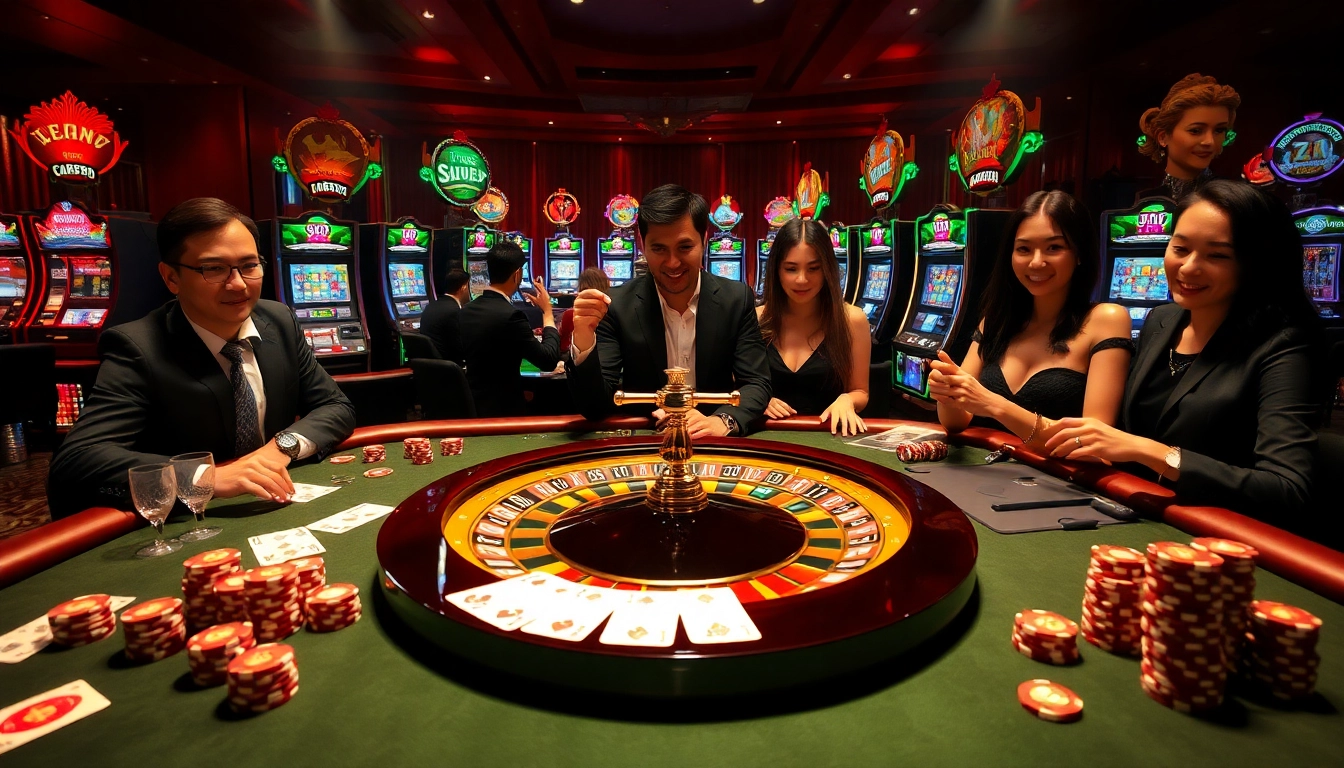 High-stakes gambling scene at jun88.com with roulette wheel and poker players.