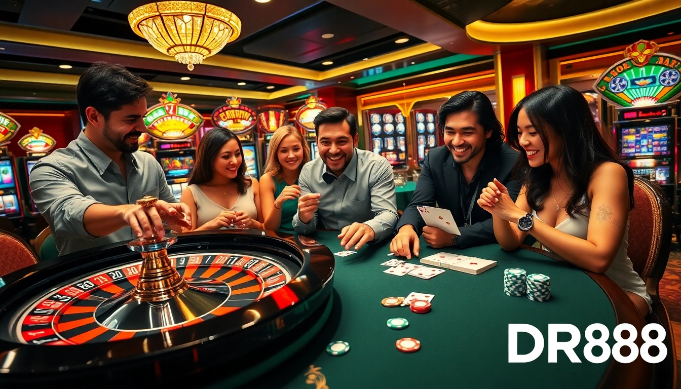 Experience the excitement of online gaming with DR88's vibrant casino scene featuring roulette and poker.