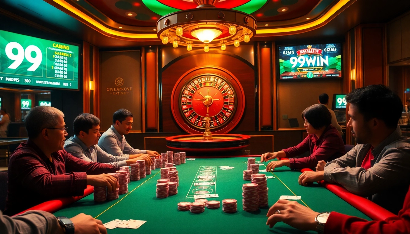 Exciting poker gameplay at 99WIN casino with vibrant chips and cards on the table