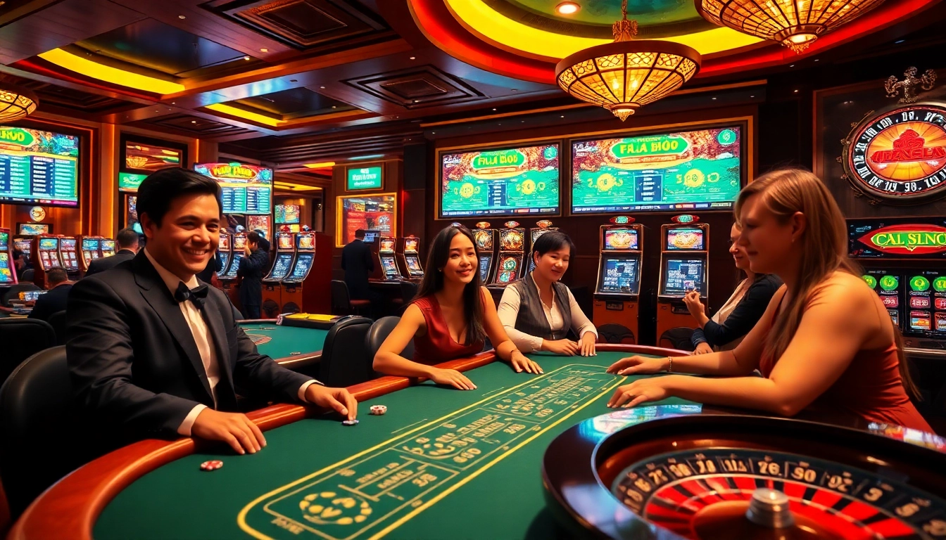 Exciting casino gaming scene featuring F88BET poker tables and slot machines.