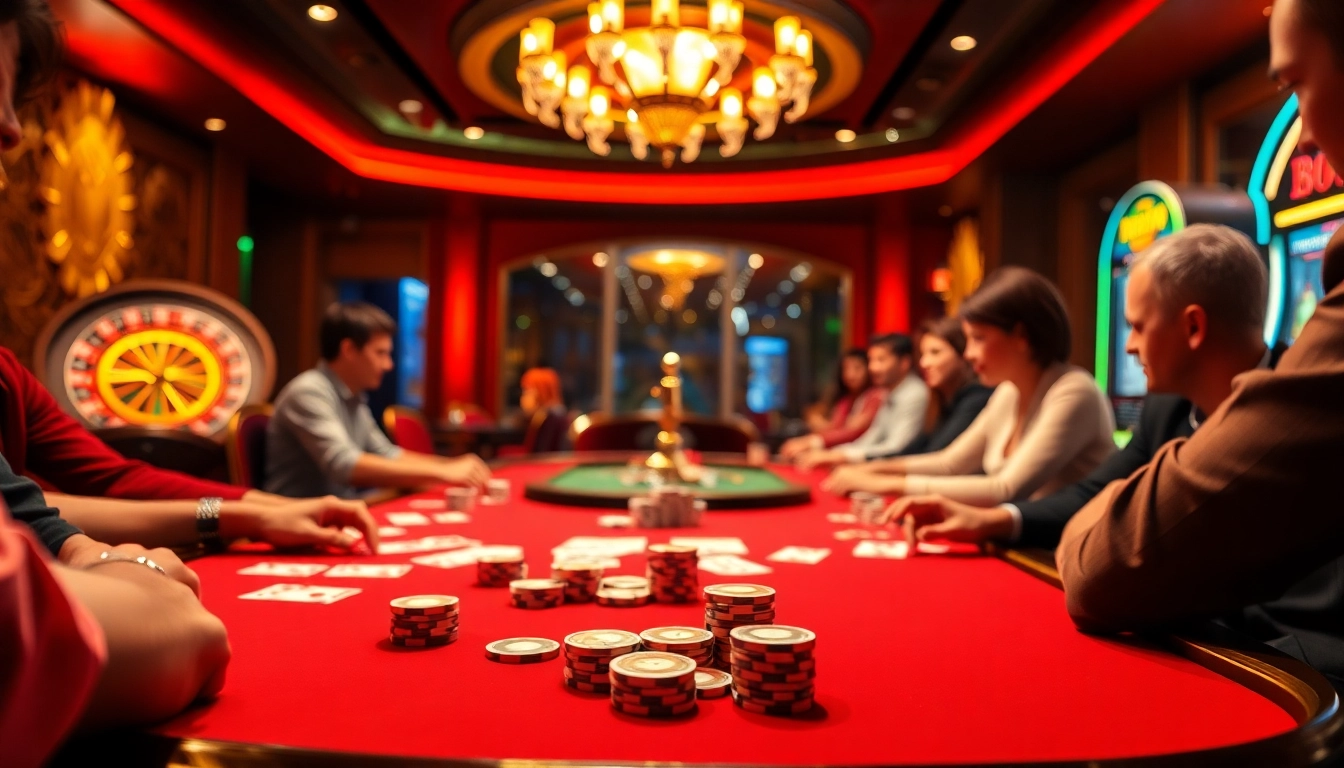 Engaging poker game scene at https://lucky88vi.net, showcasing excitement with vibrant poker chips and cards.