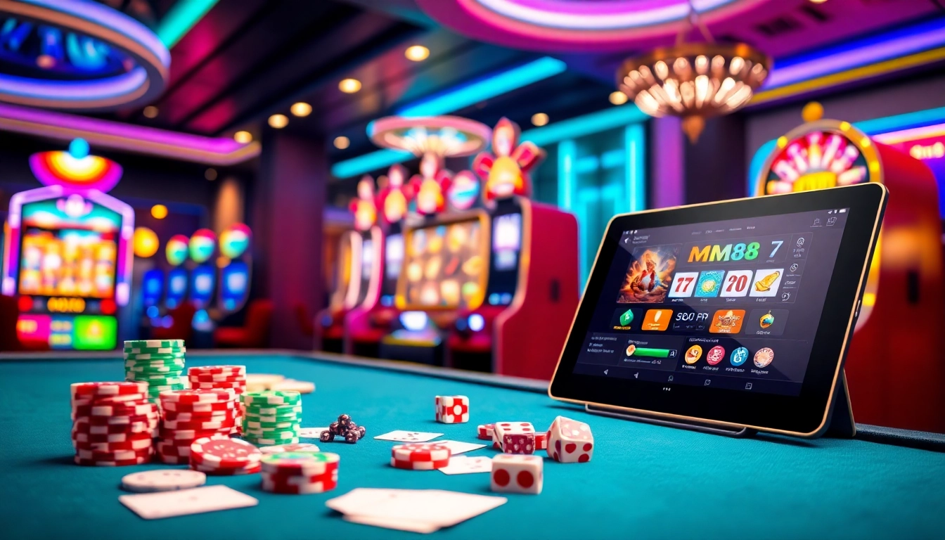 MM88 exciting gambling scene with poker chips and vibrant casino atmosphere