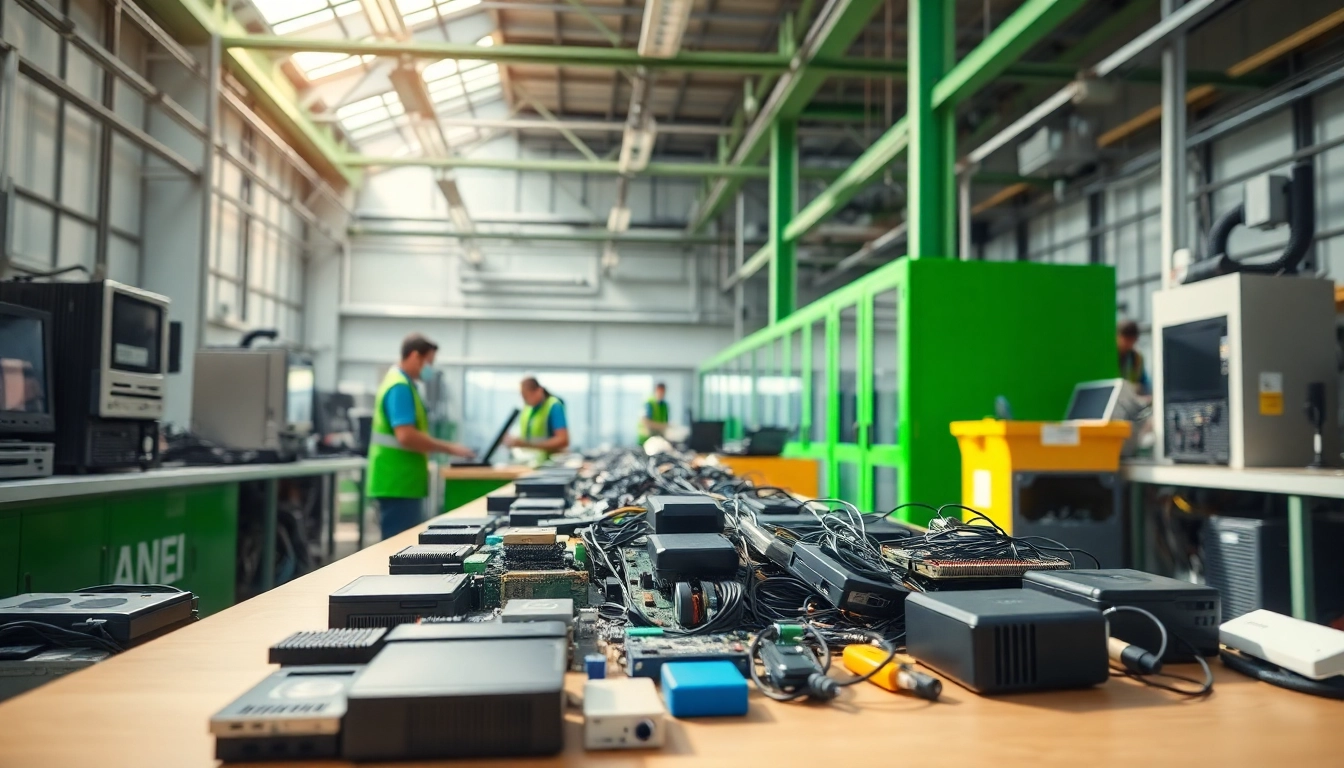 Engaging scene of computer recycling reading, showcasing a clean facility with organized electronic waste disposal.