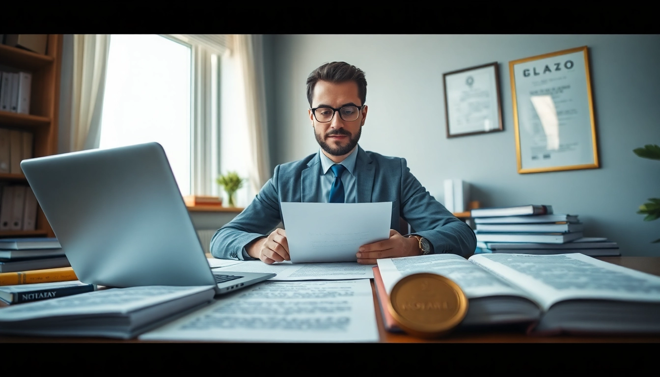 Sworn translator working in a professional setting with legal documents.