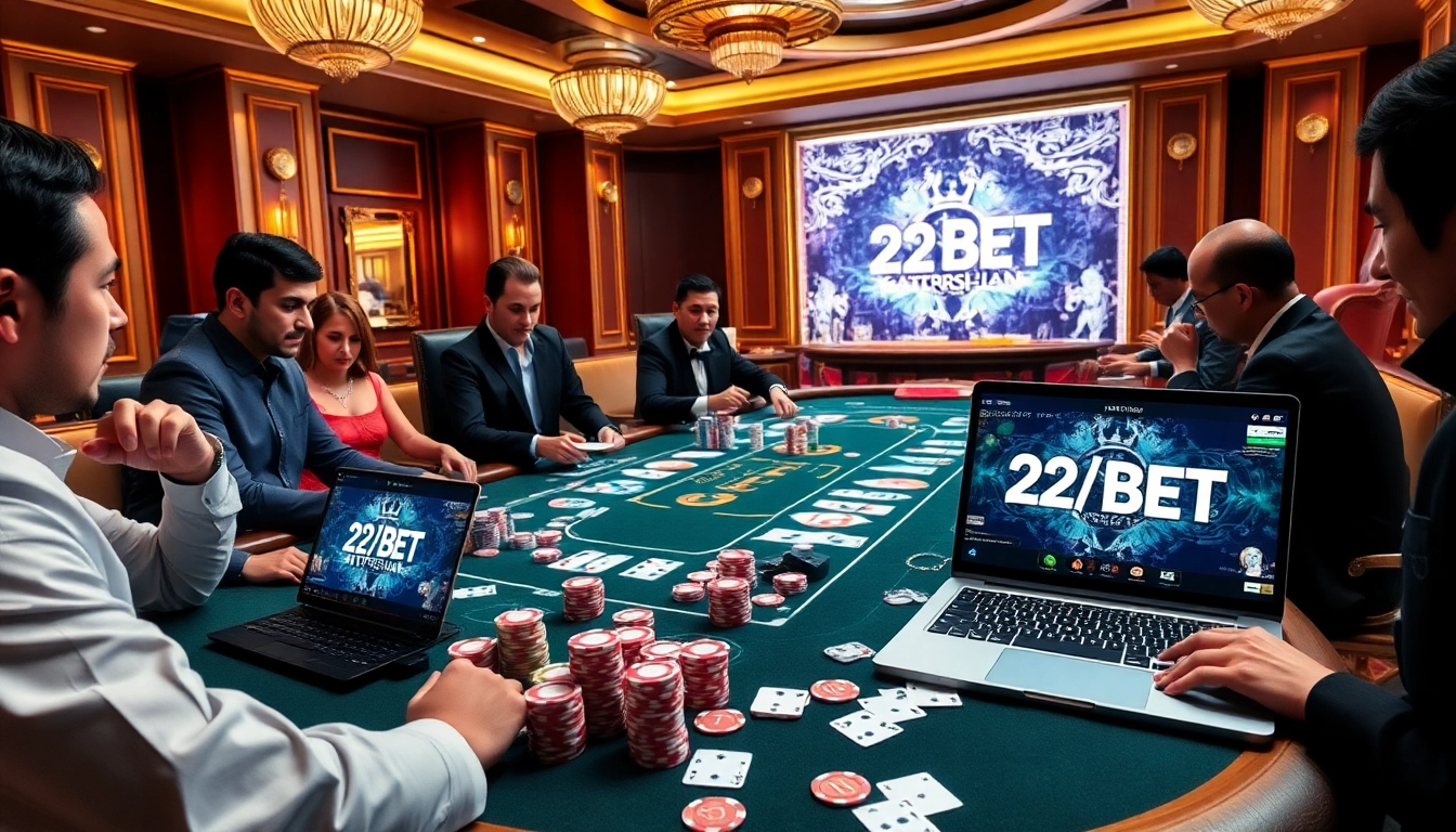 Experience the excitement at 22bet.style with a vibrant poker scene featuring players and high stakes.