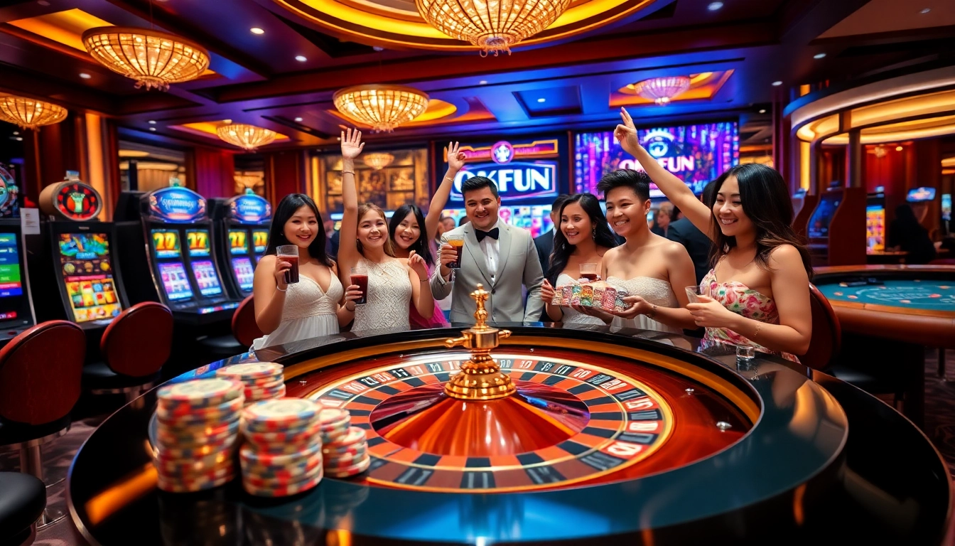 Experience the thrill at OKFUN's vibrant casino scene with excited gamblers and luxury gaming.