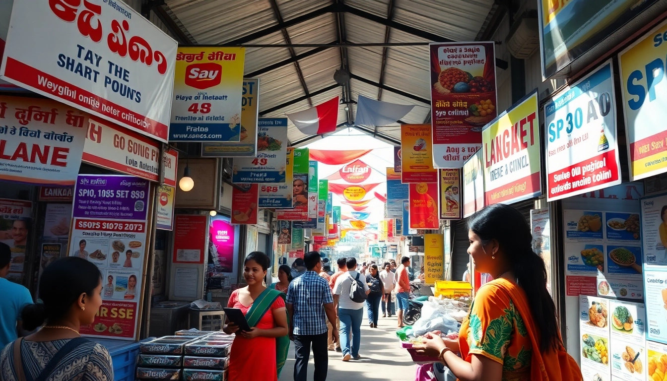 Engaging Sri Lankan marketplace displaying diverse Lanka Ads with vibrant banners and community interactions.