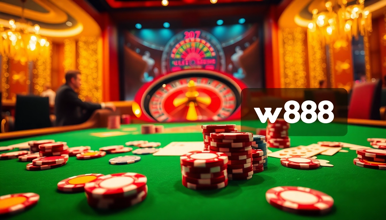 Engage in thrilling gameplay at the vn88 casino, surrounded by vibrant poker chips and a roulette wheel.