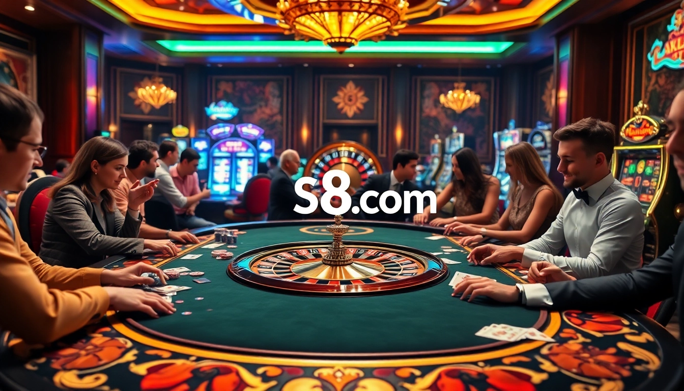 Exciting scene of players enjoying games at S8.com casino table with vibrant chips and cards.