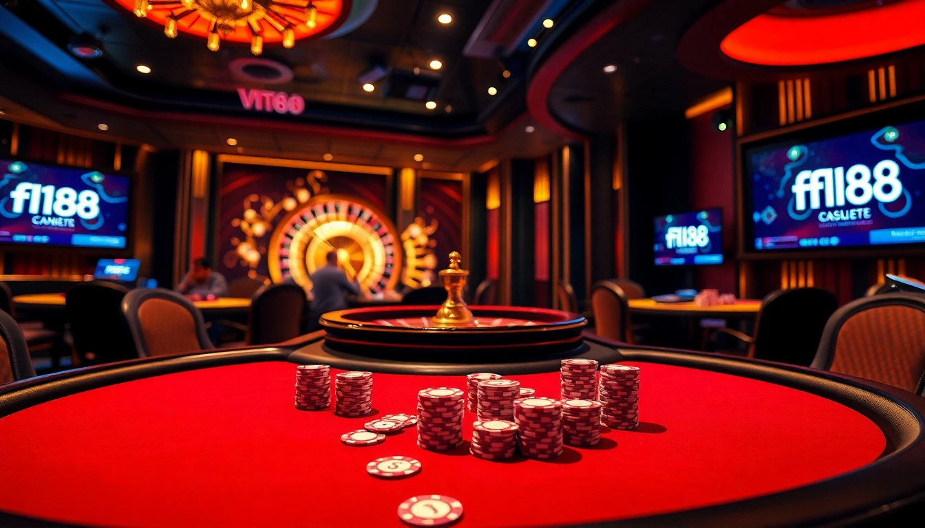 Experience the thrill of f168 with players at a luxurious poker table in a vibrant casino atmosphere.