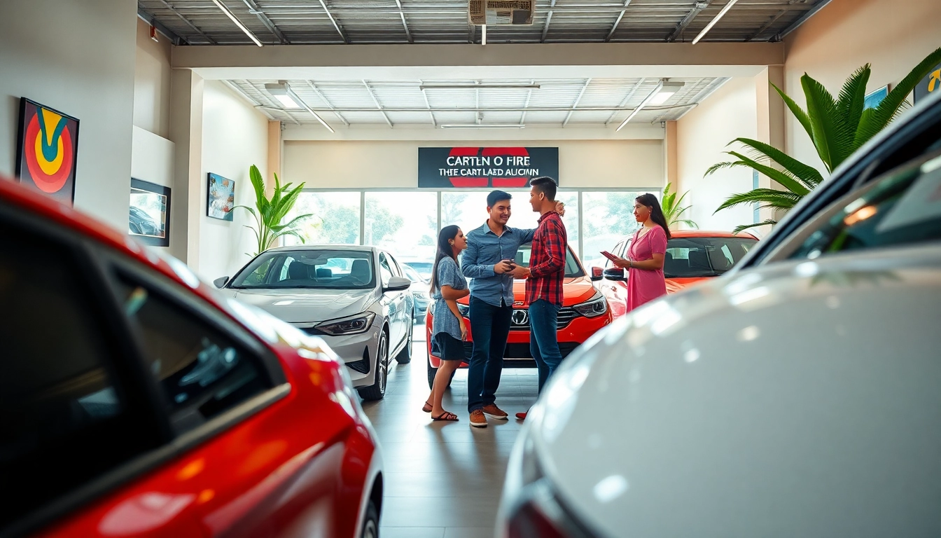 Car hire in Kuching showcasing a vibrant rental agency atmosphere with diverse vehicles and friendly staff.