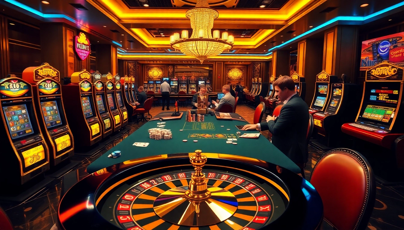 KJC players strategizing at a luxurious casino poker table with roulette and slot machines.