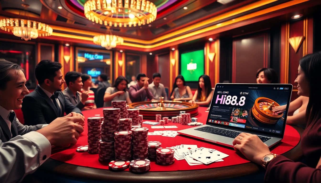 Experience thrilling gameplay at Hi88.com with vibrant poker chips and a spinning roulette wheel.