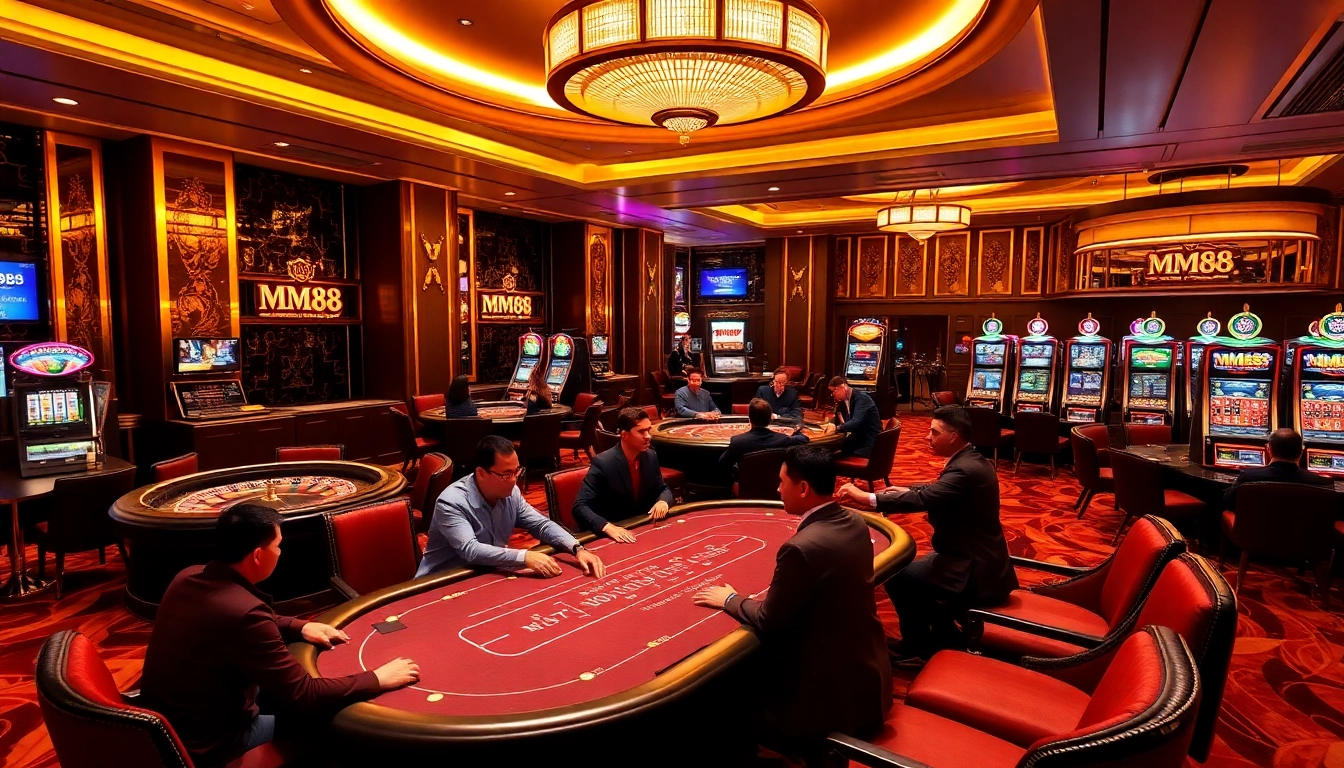 Experience the luxury of MM88 with vibrant casino visuals showcasing poker tables and slot machines.