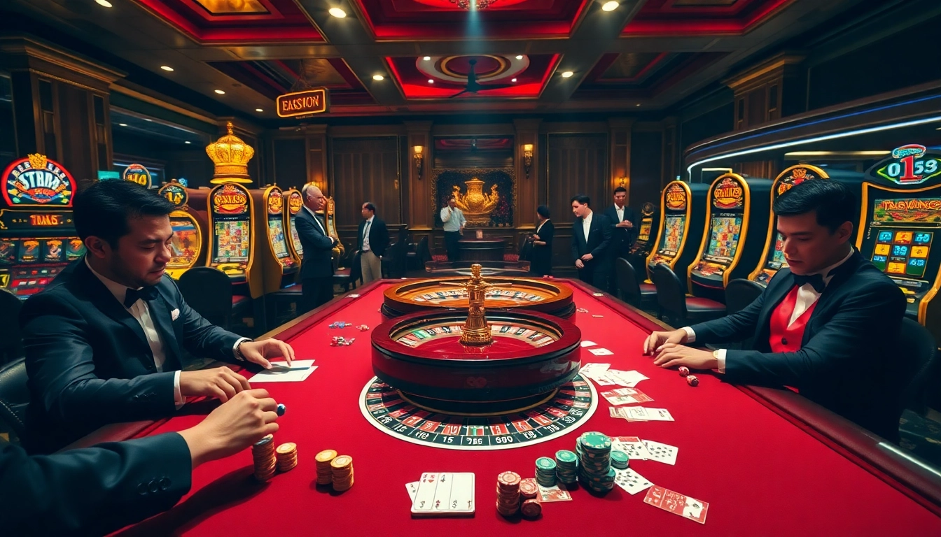 Excited players enjoying a luxurious MM88 casino scene with vibrant gaming tables and slot machines.