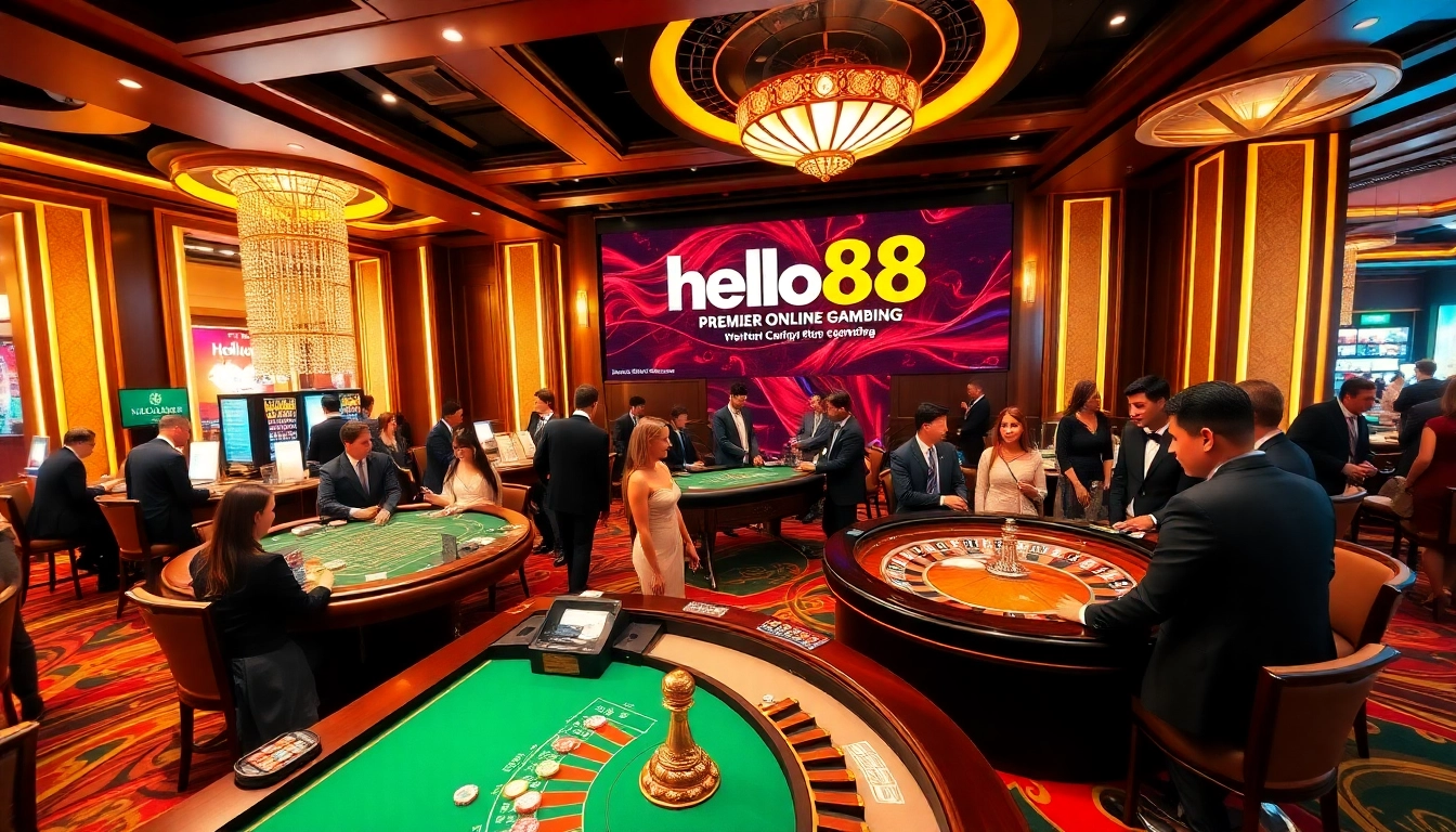 Hello88 captures the excitement of a luxury casino with players at the poker table, colorful chips, and roulette wheel.
