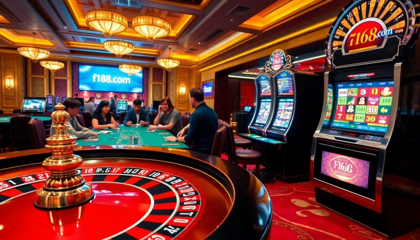 Players enjoying a thrilling game at f168.com casino, with vibrant roulette and slot visuals.